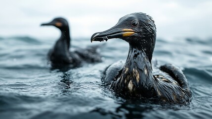 A Cormorant Covered in Oil Swimming in the Ocean