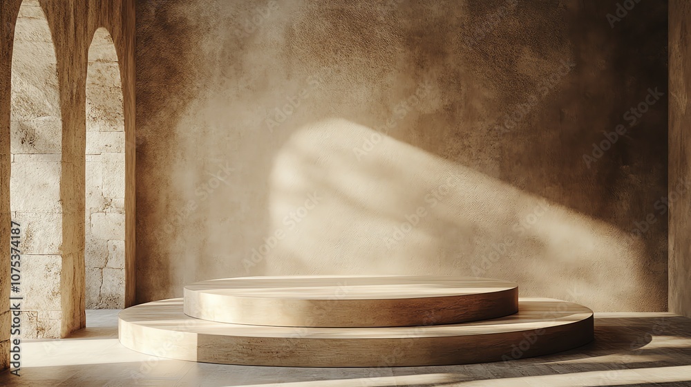 Poster a rustic wooden podium sits in front of an arched doorway with sunlight streaming through.