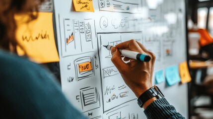 A Person Drawing on a Whiteboard with a Blue Marker