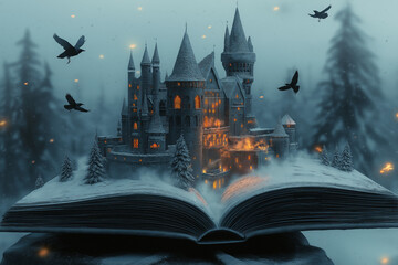 Dunkles Schloss mit magischem Buch in winterlicher Kulisse

