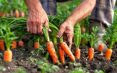 Close up, senior hands harvesting carrots in the garden. Regenerative, sustainable agriculture. Nature restoration, permaculture. Eco friendly resilience, holistic, biodiversity, soil centric concept