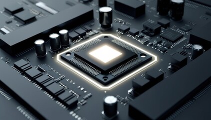 computer microchip on a black circuit board, highlighted by a glowing edge around the chip
