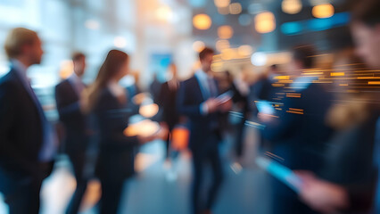 A blurry image of a group of business people in an office setting, with a few light fixtures visible in the background, and a sense of motion created by the blur.