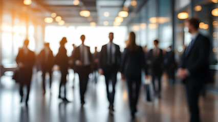 Fototapeta premium Businesspeople Walking Blurred Silhouettes Office Hallway Lights
