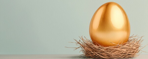 A golden egg rests in a nest atop a pale blue background, symbolizing wealth and prosperity.