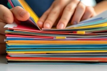 Organizing colorful files at a desk, showcasing careful sorting and attention to detail during a busy workday