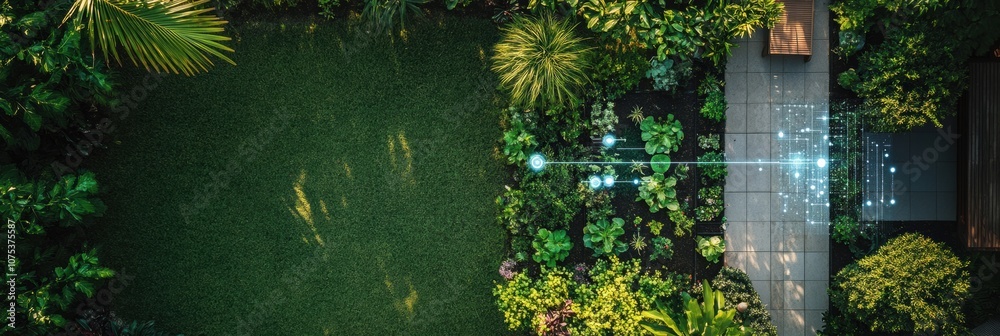Poster This innovative garden showcases automated sprinklers and soil sensors that optimize plant health and watering efficiency. Generative AI