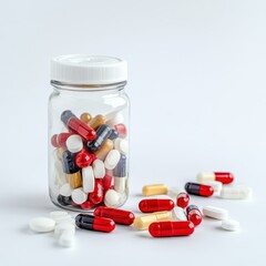 a jar filled with pills on a white background
