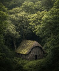 Fototapeta premium Charming Rustic Cabin Nestled Among Lush Greenery: A Tranquil Forest Retreat