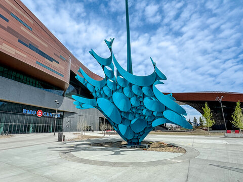 Calgary, Alberta - May 14, 2024: "The Spirt of Water" 2024, public art installation by Gerry Judah outside of the BMO Conference Centre on Calgary's Stampede grounds
