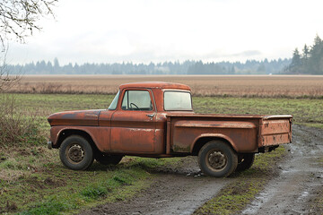 an old, rusted farm truck parked along a dirt road with fields stretching beyond.