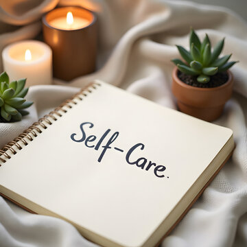 Cozy self-care scene with notepad, candles, and succulents for relaxation inspiration