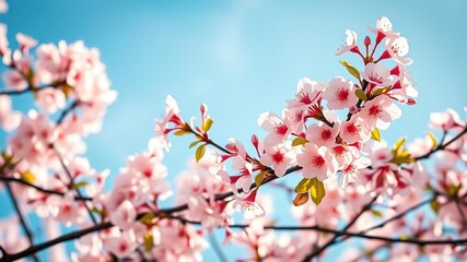Fototapeta premium Softly glowing spring cherry blossoms unfurl from branches against a brilliant turquoise sky as the morning dew glistens on the leaves, morning dew, spring cherry blossoms, floral arrangements