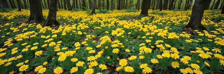 Obraz premium A carpet of bright yellow ranunculus flowers covering the forest floor, nature's splendor, forest floor