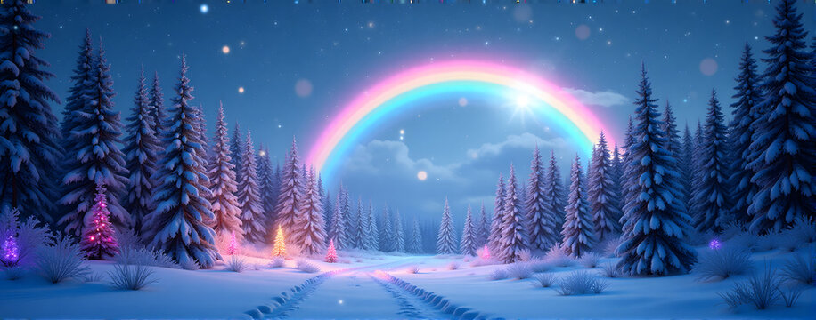 Enchanted winter forest with a magical rainbow under starry night sky