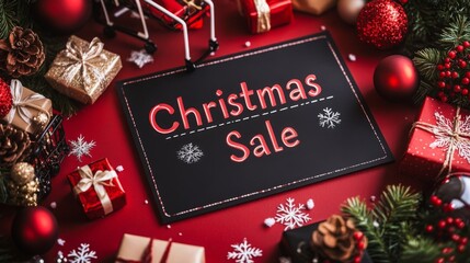 A chalkboard sign displaying a Christmas sale is surrounded by colorful wrapped gifts and holiday decorations. Pinecones, ornaments, and festive greenery enhance the joyful atmosphere of the scene.