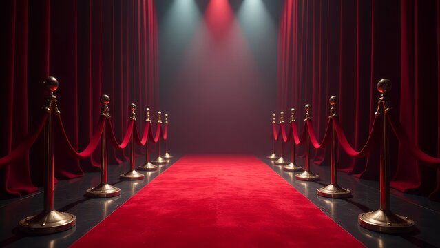 Elegant red carpet scene with velvet ropes and spotlights - Powered by Adobe