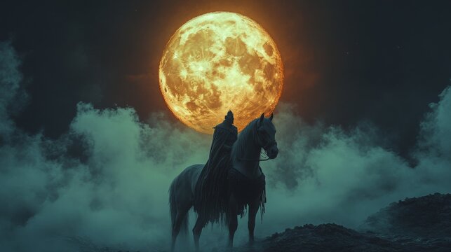 A lone figure in a hooded cloak rides a horse under a glowing, full moon. - Powered by Adobe
