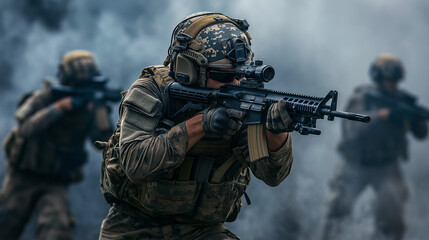 Fototapeta premium Soldaten in Einsatz während einer militärischen Manöverübung