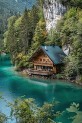 Fototapeta premium Enchanting Wooden Cabin Retreat by a Tranquil Lake Surrounded by Lush Greenery and Majestic Mountains