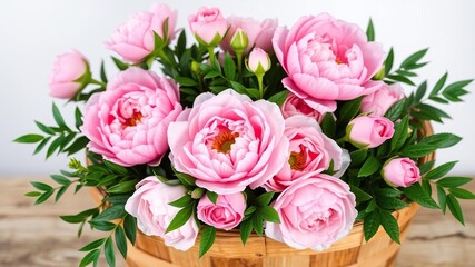 A bunch of fresh pink peonies and roses in a rustic wooden basket filled with greenery, summer flowers, peony flower, gardening