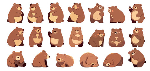 Cute flat bear. Cartoon forest wild animal in different poses, fluffy baby bear mascot set vector illustration