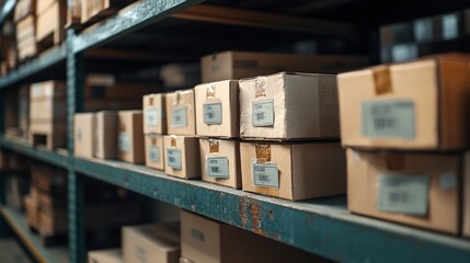 Cardboard boxes stacked on a shelf in a warehouse