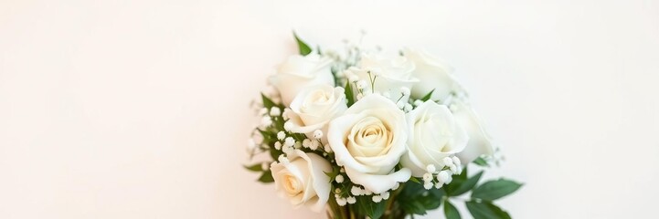 Fototapeta premium Classic and timeless arrangement of white roses and baby's breath in a delicate bouquet on a smooth white gradient background, floral arrangement, classic flowers