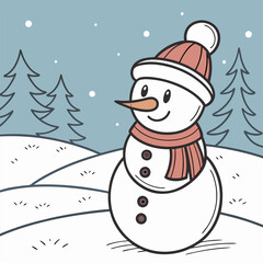 A charming snowman with a carrot nose and a cozy scarf, standing proudly in a snowy winter landscape. Perfect for adding a touch of festive cheer to your designs.