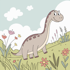Adorable cartoon dinosaur in a whimsical landscape. Perfect for children's books, nursery decor, and educational resources.