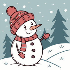 A cheerful snowman wearing a red hat and scarf, standing in a snowy landscape with a pine tree in the background. Perfect for winter holiday designs, greeting cards, and festive illustrations.