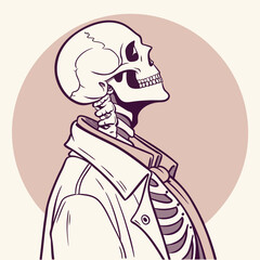 A stylish illustration of a skeleton wearing a jacket and a tie, with a minimalist background. This unique design is perfect for adding a touch of gothic elegance to your projects.