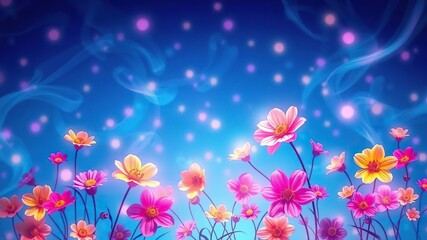 Ethereal blue hue with swirling patterns of neon flowers in various shades of pink, yellow, and purple, neon gardens, futuristic flowers, psychedelic petals