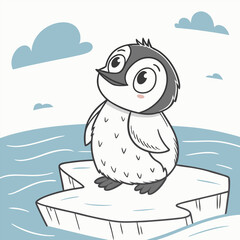 A cute penguin standing on a small ice floe, looking up at the sky with a happy expression. This adorable illustration is perfect for children's books, greeting cards.