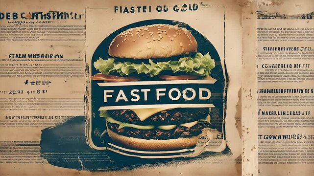 Delicious hamburger on an advertising newspaper featuring unreadable text, creating a vintage and nostalgic atmosphere.