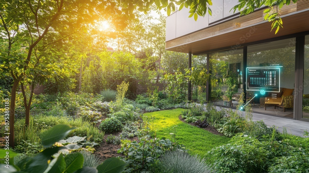 Aufkleber an advanced garden thrives with automated sprinklers and soil sensors while sunlight illuminates the