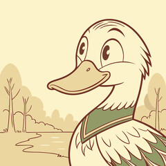A charming cartoon duck with a bright, friendly expression. Perfect for adding a touch of whimsy to your designs, this cute character is ideal for children's books, greeting cards.