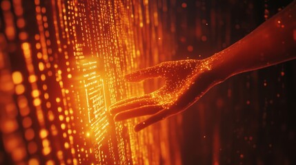 A Hand Reaching Out to a Wall of Binary Code in an Orange Glow