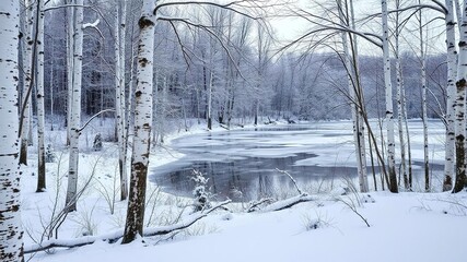 A snow-covered forest with icy birch trees and frozen lake in the background, snowy woods, arctic scenery, whiteoutGentle aurora borealis display against dark sky