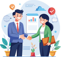Fototapeta premium People shaking hands at work - Two businesspeople, man and woman doing handshake in office at work while smiling over business agreement and deal. Flat design stock illustration on white background