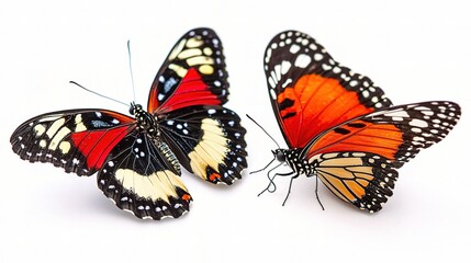 Fototapeta premium Two Stunning and Colorful Tropical Butterflies with Intricate Wing Patterns Displaying Vibrant Shades of Red, Orange, and Black Against a Clean White Background