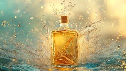 A Glass Bottle of Golden Liquid Splashing in Water