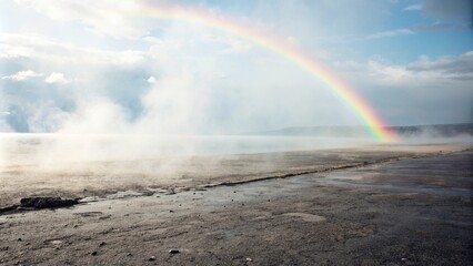 Soft rainbow mist rising from the ground, misty dawn, gentle glow, mystical, peaceful, calming
