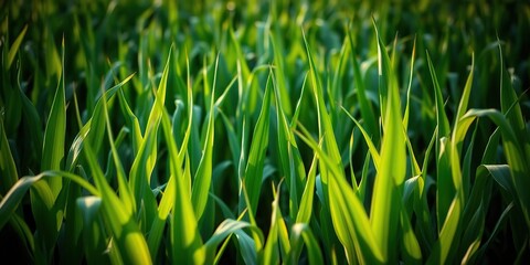Softly diffused morning light illuminates the emerald green expanse of mature corn stalks, creating an ethereal atmosphere., countryside, soft focus