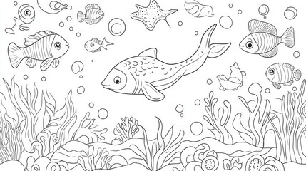 Line art illustration of a coloring book page featuring vibrant sea animals designed as an engaging activity worksheet for preschool children