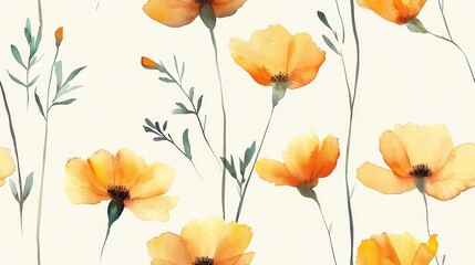 Watercolor Illustration of Orange Flowers and Green Stems on a White Background
