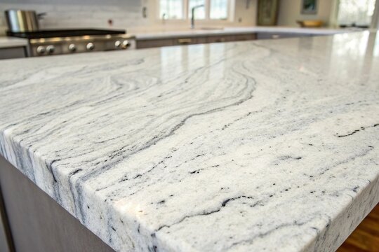 Close-up shot of viscount white natural granite countertop with a seamless pattern, smooth texture, decorative edge, granite countertop