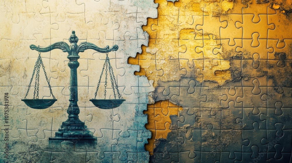 Poster one side showcases technological symbols, while the other presents a scale of justice representing h