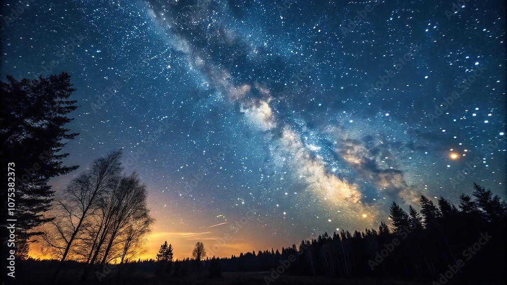 Wall mural an ethereal night sky with stars twinkling in shades of gold and blue against a deep indigo backgrou