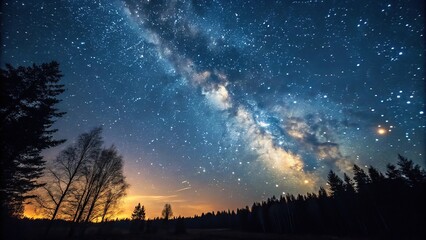 Fototapeta premium An ethereal night sky with stars twinkling in shades of gold and blue against a deep indigo background, galaxy, starry, blue